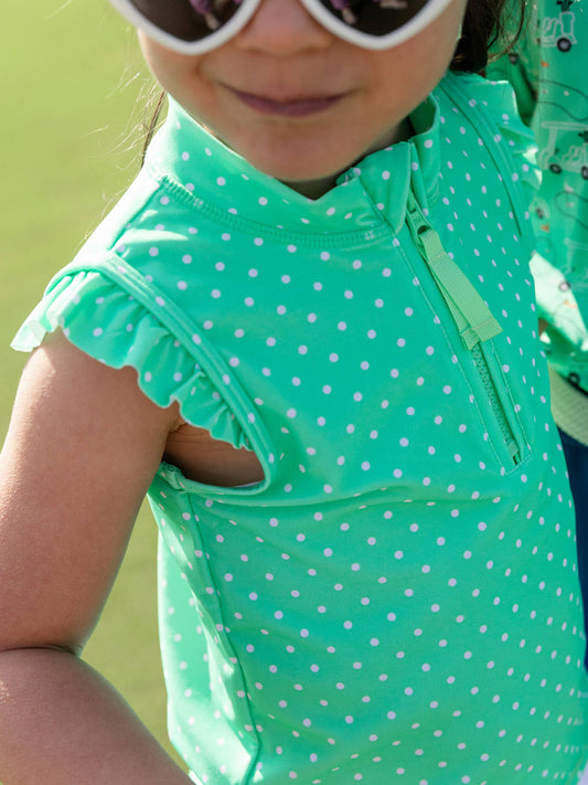 Girls Spring Bud Micro Dot Sleeveless Zip Ruffle Sleeve Active Top