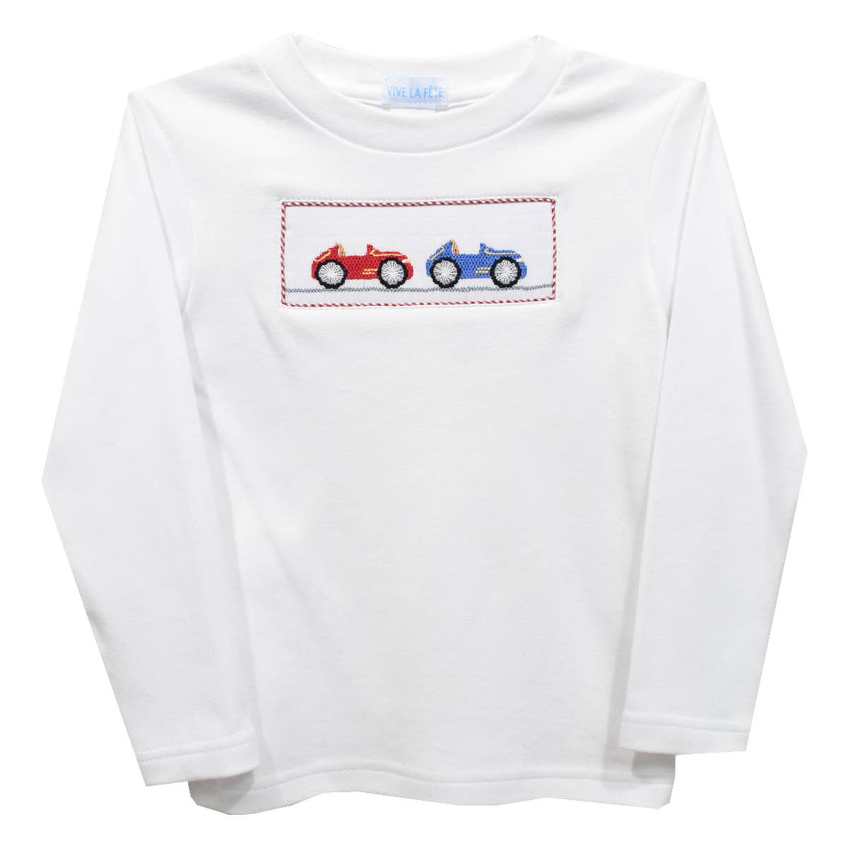 Classic Car Smocked White Knit Long Sleeve Boys T-Shirt